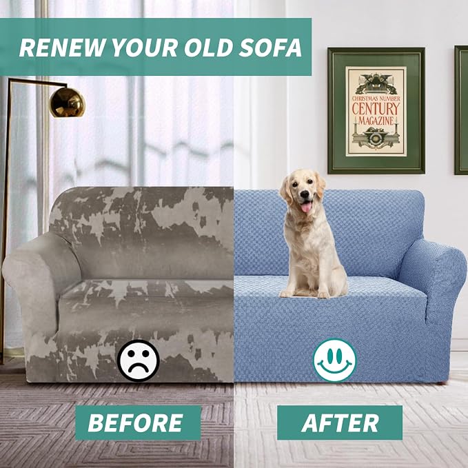 YEMYHOM Couch Cover Latest Jacquard Design High Stretch Sofa Covers for 2 Cushion Couch, Pet Dog Cat Proof Loveseat Slipcover Non Slip Magic Elastic Furniture Protector (Medium, Light Blue)