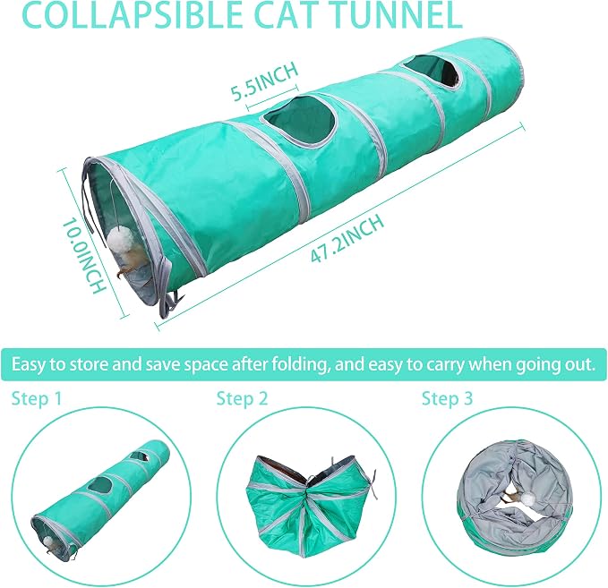 Cat Tunnel for Indoor Cat Collapsible Cat Play Tube with Play Ball and Fringe, Interactive Pet Crinkle Tunnel for Kittens, Length 47 inch, Diameter 9.7 inch