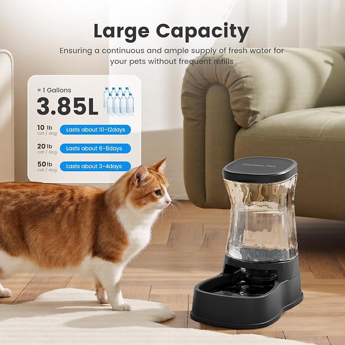 Gardner Pet Automatic Gravity Water Dispenser for Dogs, 1.0Gallon 100% BPA-Free Dog Water Bowl Dispenser, Pet Water Fountain Dispenser with Sponge Filter for Small&Medium Dogs, Cats, Puppies(Black)