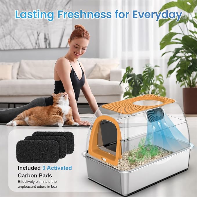 SuzziPaws Stainless Steel Litter Box Dog-Proof Leak-Proof for Multi-Cats | XL Orange Hooded Top-Entry with Filter Lid & Scoop, Cat Litter Box High Walls Prevent Spills, Ideal for Multi-Cats