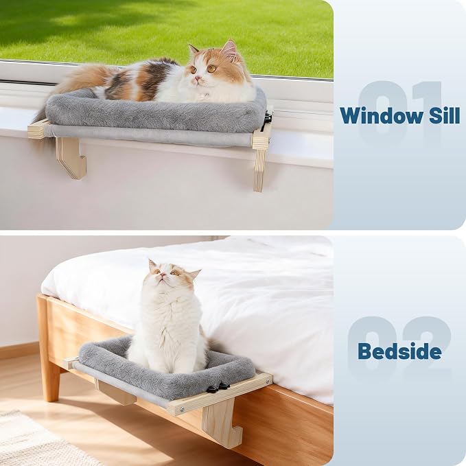 Cat Sill Window Perch - 100% Natural Pine Frame, Soft Plush Fleece, Tool-Free Adjustment, Supports 40 lbs (Medium-Grey)