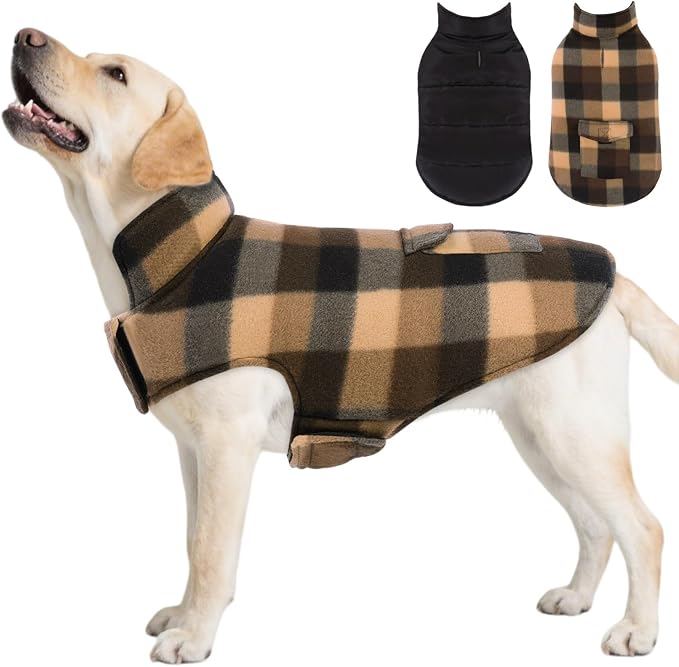 ASENKU Reversible Dog Winter Coat, Dog Jacket for Small Medium Large Dogs | Windproof Plaid Fleece Lining for Cold Weather, Water-resistant Outer Shell, Puppy Puffer Vest with Leash Hole, Coffee M
