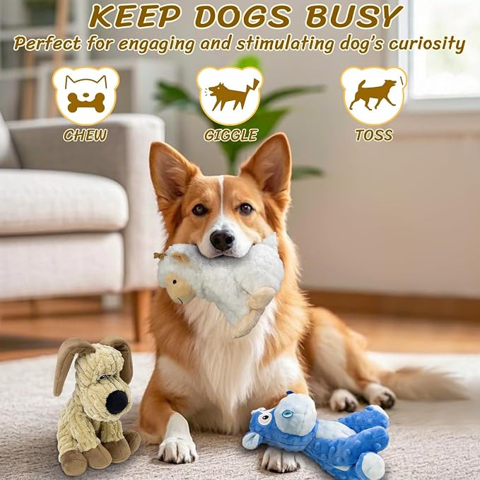 Squeaky Stuffed 3PCS Dog Toys, Chew for Large Medium Small Breeds | Plush with Crinkle Toys to Keep Puppy Busy, Teething, Fetching, Tossing, Tugging Interactive Toys for Indoor Outdoor play