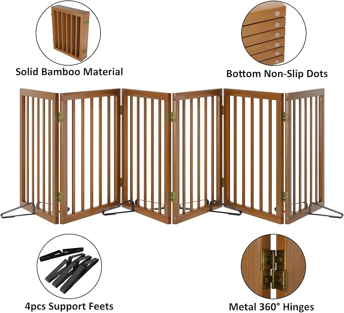 Freestanding Pet Gate Foldable Dog Gate (110 inches Wide) Walnut Bamboo Dog Gates for Stair Doorways House Puppy Fences Indoor (4 Support Feet Included)
