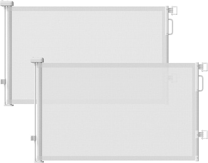 Retractable Baby Gates 2 Pack, 55" Wide Mesh Dog Gate Indoor | 34" Tall Gate for Stairs Doorways Hallways Deck, Child Pet Safety Gate for Indoor Outdoor Home Use, White