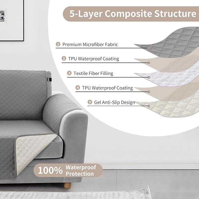 100% Waterproof Couch Cover for Dogs with Non-Slip & Side Pockets 23", Furniture Protector Sofa Covers, Washable Cushion Covers for Pets Kids Cat-Armchair Newgrey