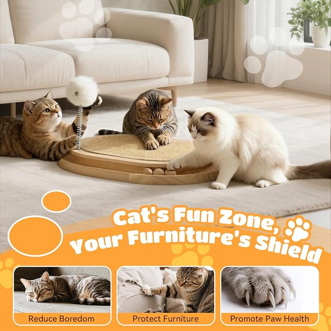 Cat Scratcher, Sisal Scratching Pad Kitten Cat Ball Track Toy | 3 Spring Plush Toys for Chasing Hunting Exercise, Round Wooden Non-Slip Cat Scratchers for Indoor