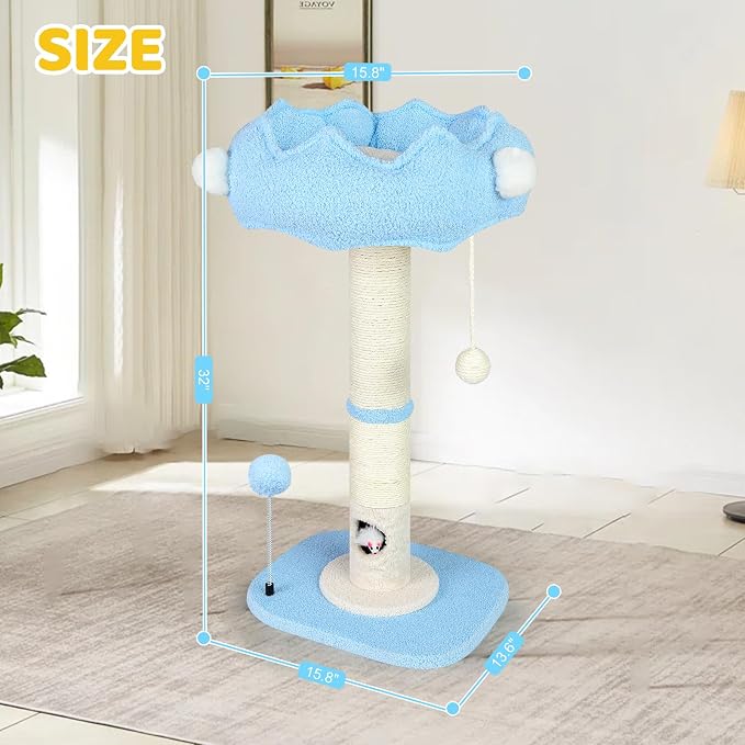 Tall Cat Scratching Post for Indoor Cats,Sisal Scratching Post(Blue Sky) | Cat Scratch Post with Sisal Ball, Solid Wood Cat Tower with Scratching Post and Cat Toys Mouse Hole, Cute Small Cat Tree