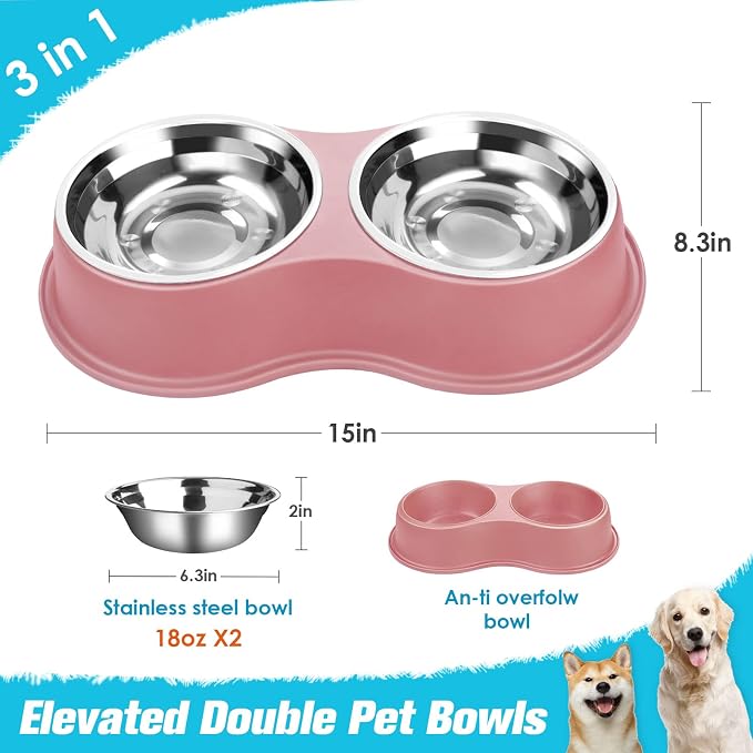Epetslove Stainless Steel Dog Bowls Double Non-Slip Dog Water and Food Bowl | Pet Feeder Bowls, Dog Dishes, Raised Feeding Design, Double Bowls Set, For Puppies, Medium Dogs and Cats, Outdoor / Indoor