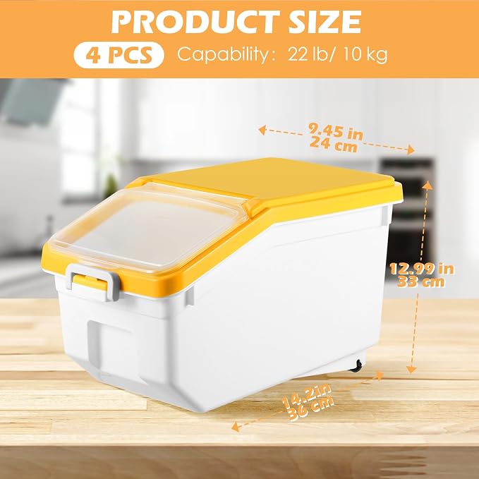 4 Pcs Rice Storage Containers Bulk Flour Sugar Container Wheels Measuring Cups Set Airtight Pet Dog Cat Birds Food Bin Grain Cereal Organizer Box for Dry Baking(Yellow,22 lb)