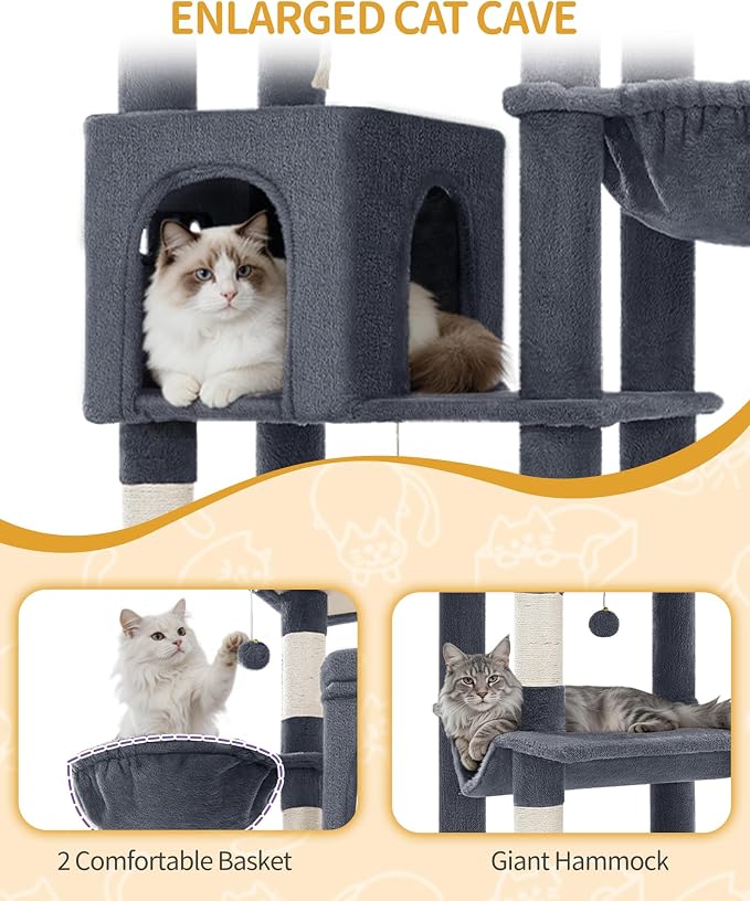 Hzuaneri Big Cat Tree, 75 Inch Tall Multi-Level Cat Tower, Indoor Larger Cat Condo Furniture with 5 Scratching Post, 2 Hanging Basket, 2 Condo, 2 Large Platform, Pet Play House, Dark Grey MS19018SG | Cat Condo Furniture with 5 Scratching Post, 2 Hangin...