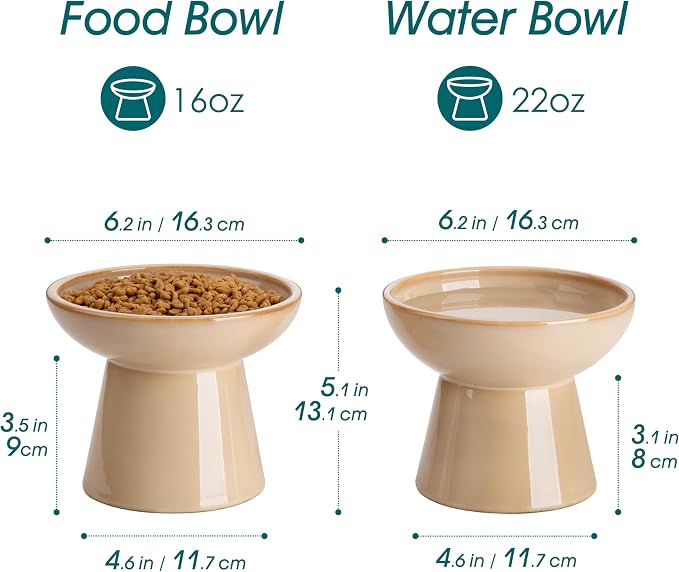 vancasso Ceramic Elevated Cat Bowls 2-Pack - 6.2" Extra Wide Raised Cat Food & Water Dishes, 5.1" Optimal Height Anti-Whisker Fatigue Shallow Bowls for Cats/Kittens/Dogs, Lead & Cadmium Free (Brown)