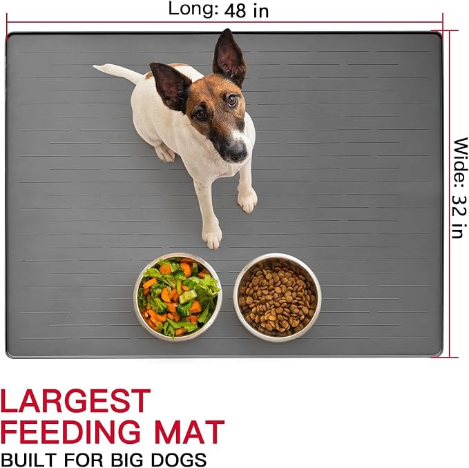 48" x 32" Largest Pet Food Mat, XXXL Silicone Dog Mats for Food and Water, Nonslip Pet Feeding Mats for Floors,Dog Cat Bowl Mat with Raised Edges, Dark Green