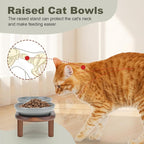 SPUNKYJUNKY Extra Wide Elevated Ceramic Cat Bowl with Acacia Wood Stand Whisker Friendly (Cat Paw Pattern, Gray)