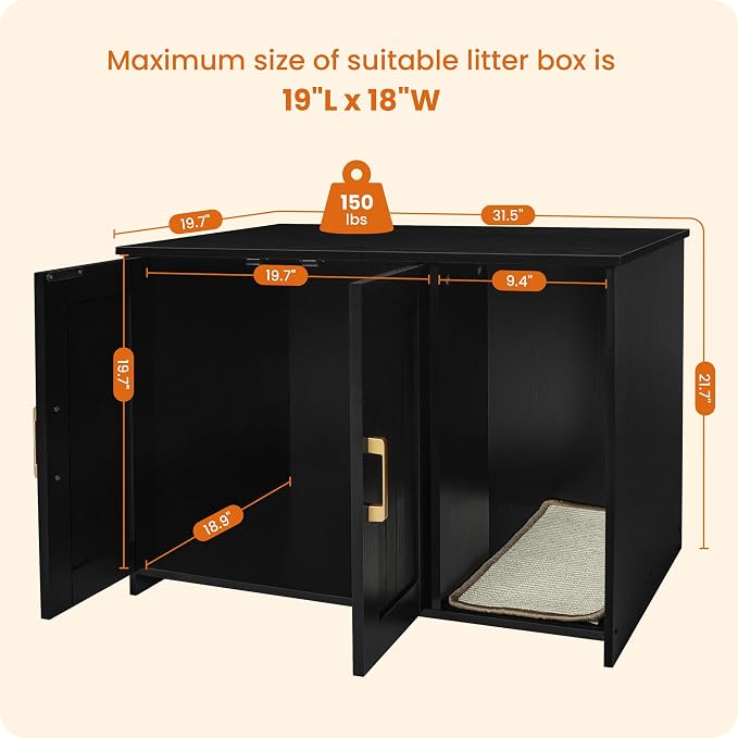 Dwanton Litter Box Enclosure, Cat Litter Box Furniture Hidden, with Scratching Mat, Wooden Cat Washroom Indoor, 31.5" L x 19.7" W x 21.7" H, Black