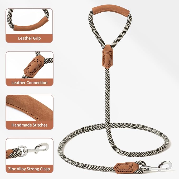 Mile High Life Dog Leash with Genuine Leather Handle, 6 FT/5 FT/4 FT | Leather Grip Rope Leash, Heavy Duty 360° Swivel Metal Clasp, for Small Medium & Large Dogs