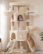 Cat Tree, 73-Inch Sturdy Corner Cat Tower for Large Cat VCT021MJ | Cat Furniture with Wide Top Perch, 2 Spacious Condos, 2 Cozy Baskets, 2 Scratching Boards & Interactive Toy, Beige