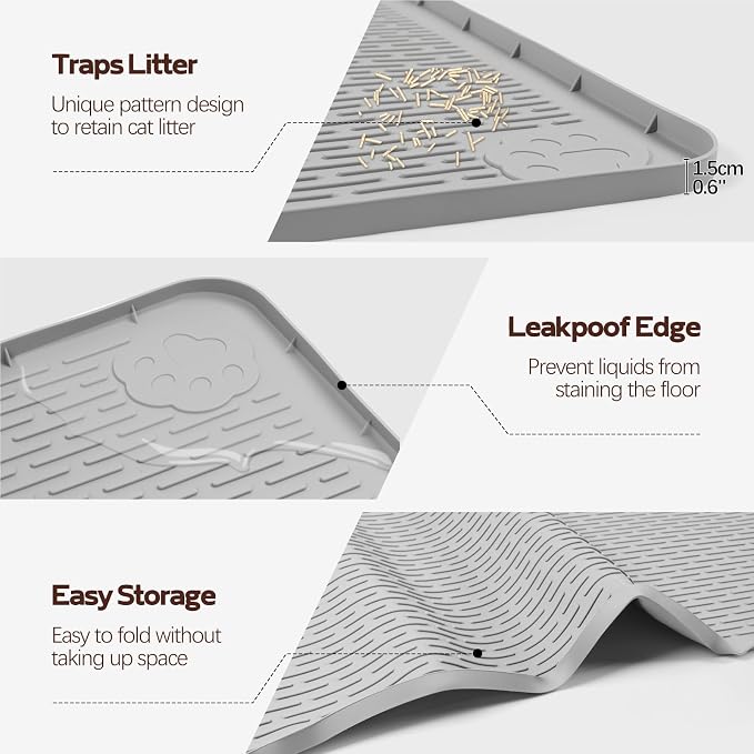 Cat Litter Mat for Litter Box 2 Pack 34" x 22" Silicone Mat, Light Grey | Extra Large Cat Litter Mat Litter Trapping Mat, Non-slip, Waterproof litter box mat with Raised Edge, Pet Mat for Cat, Dog