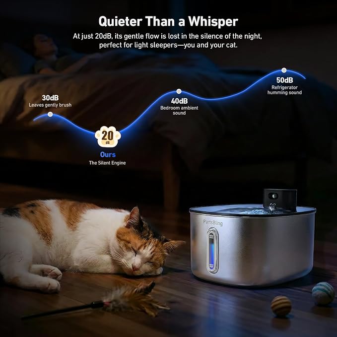PartsBling Stainless Steel Cat Water Fountain, 4.2L/142 oz | Cordless Pet Water Fountain with Sensor, 5000mAh Rechargeable Battery, Ultra Quiet, 4 Filters, for Cats & Small Dogs, Black