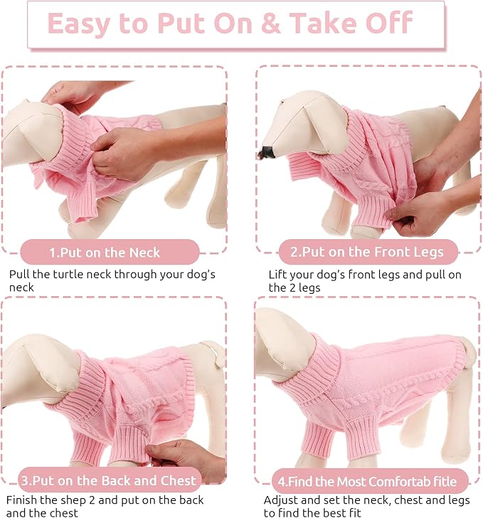Queenmore Small Dog Pullover Sweater, Cold Weather Cable Knitwear, Classic Turtleneck Thick Warm Clothes for Chihuahua, Bulldog, Dachshund, Pug, Yorkie (Pink, X-Small)