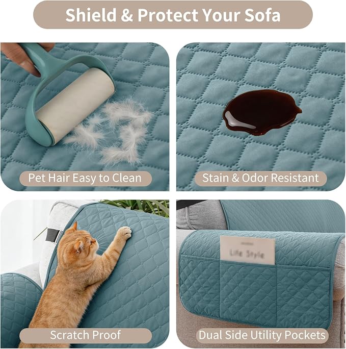 100% Waterproof Couch Cover for Dogs with Non-Slip & Side Pockets 23", Furniture Protector Sofa Covers, Washable Cushion Covers for Pets Kids Cat-Armchair Grayishblue