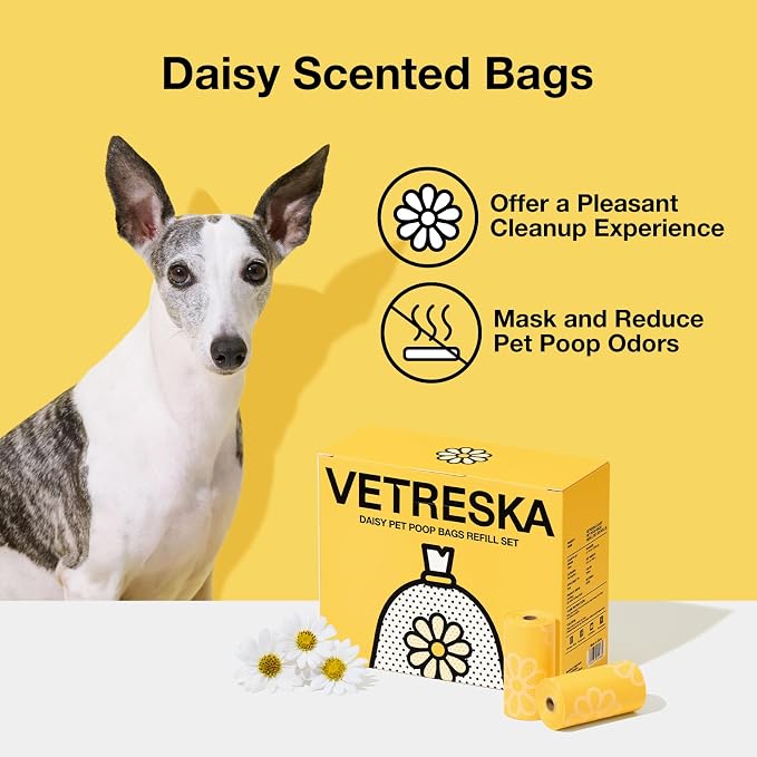 VETRESKA Daisy Scented Dog Poop Bags, 300 Counts, Leak-proof and Large | Extra Thick Pet Waste Bags for Dog Walking and Cat Litter, 20 Refill Rolls
