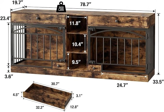 GarveeHome Dog Crate Furniture for 2 Dogs, Dog Kennel Indoor with Storage and Feeding Bowls, Double Dog Crate TV Stand for Small Medium Dogs, Brown