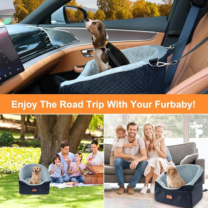 Vivifying Dog Car Seat for Small & Medium Dogs, Detachable & Washable Booster Seat for Pets Up to 25lbs, Travel Bed with Storage Pockets and Safety Belt – Gray&Black