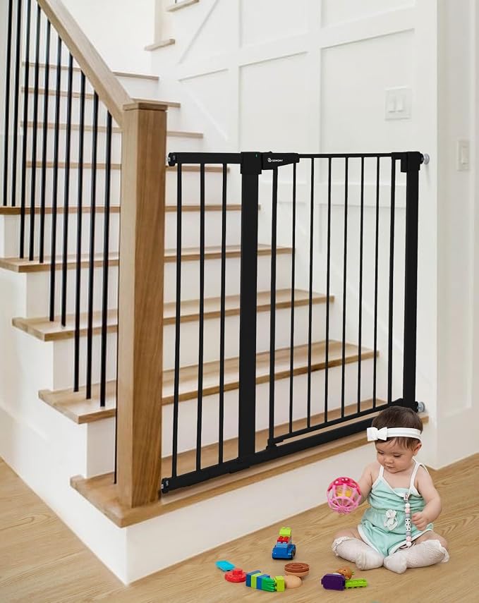 COMOMY 36" Extra Tall Baby Gate for Stairs Doorways, Fits Openings 29.5" to 40.6" Wide, Auto Close Sturdy Safety Dog Gate for House, Pressure Mounted Easy Walk Through Pet Gate with Door, Black