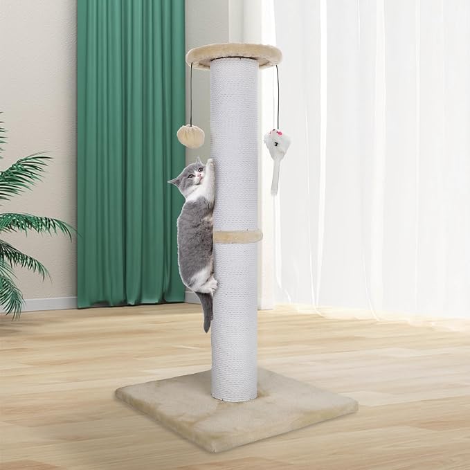 34-Inch Tall Cat Scratching Post for Large Cats, Stable Base, Beige | Heavy-Duty Cat Scratcher, Extra-Tall Thick Post, Soft Natural Cotton Rope, Hanging Interactive Cat Toys, Indoor Cat Furniture