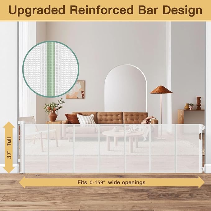Reinforced 159 Inch Extra Wide Child Gates for wide Openings, Indoor/Outdoor Retractable Fence/Barrier/Blocker/Screen for Baby and Pet, Bottom Anti-crawl Extra Long Baby Gate for Large Openings, White