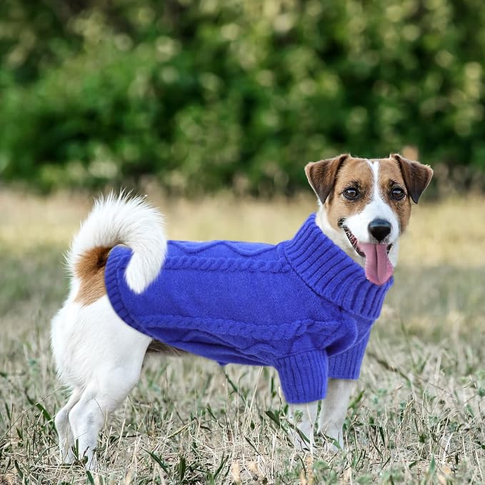 Queenmore Small Dog Pullover Sweater, Cold Weather Cable Knitwear, Classic Turtleneck Thick Warm Clothes for Chihuahua, Bulldog, Dachshund, Pug (Royal Blue, Medium)