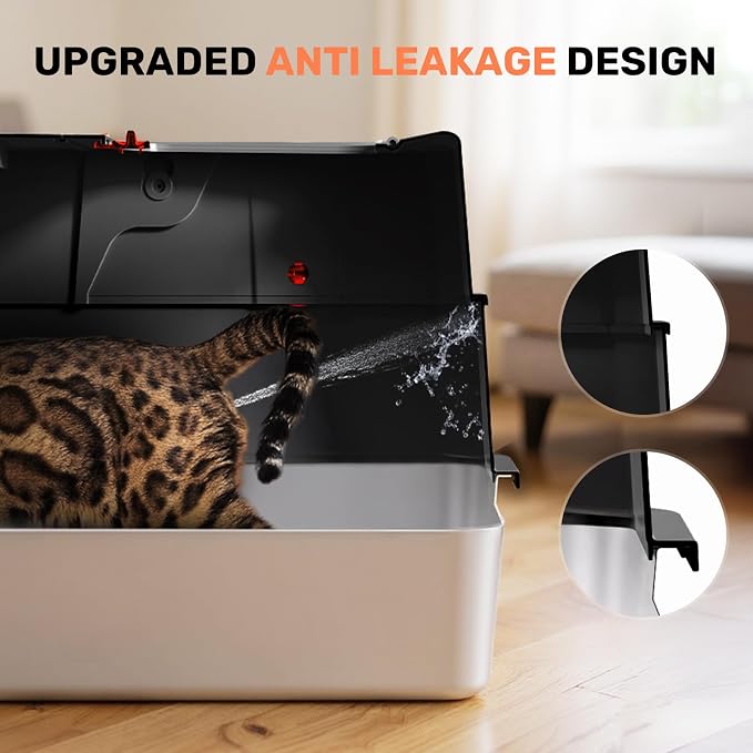 Stainless Steel Litter Box with Lid, Anti-Leakage Enclosed Metal Litter Box, Flip-Top Extra Large Kitty Litter Pan with Scoop & Pedal, Odor Free, Front & Top Dual Entry, Black
