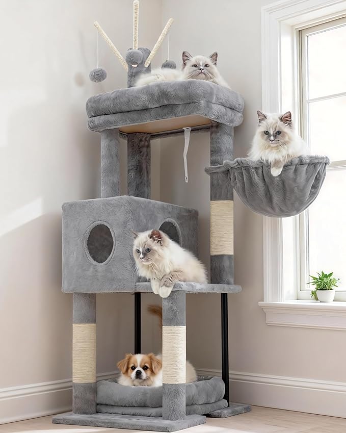 Heybly Cat Tree, 45.3" Cat Tower for Indoor Cats with Large Perch HCT202SW | All-in-One Cat Furniture with Cozy Bed, Hidden Space Cat Condo, Comfy Hammock, Scratching Posts & 3 Pompoms, Light Gray