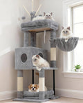 Heybly Cat Tree, 45.3" Cat Tower for Indoor Cats with Large Perch HCT202SW | All-in-One Cat Furniture with Cozy Bed, Hidden Space Cat Condo, Comfy Hammock, Scratching Posts & 3 Pompoms, Light Gray