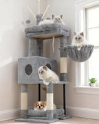 Heybly Cat Tree, 45.3" Cat Tower for Indoor Cats with Large Perch HCT202SW | All-in-One Cat Furniture with Cozy Bed, Hidden Space Cat Condo, Comfy Hammock, Scratching Posts & 3 Pompoms, Light Gray