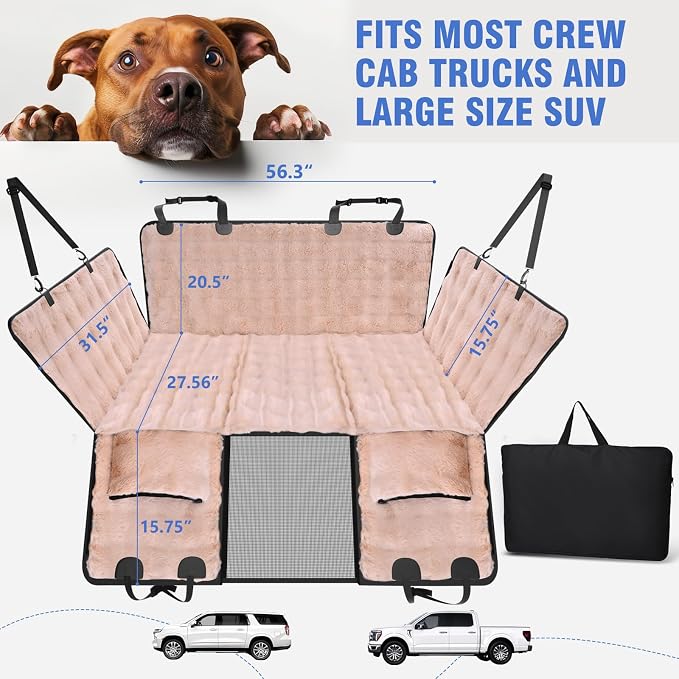 Btefd XL Hard Bottom Plush Furry Fuzzy Dog Seat Cover for Crew Cab Truck | Back Seat Pet Hammock for F150, RAM1500, Sierra, Tundra, Silverado, Titan, Soft Touch, 45% Extender Space, Waterproof