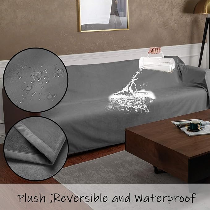 Ameritex Pet Bed Blanket Reversible 100% Waterproof Velvet Super Soft for Sofa and Bed (68x82 Inches, Light Grey+Grey)
