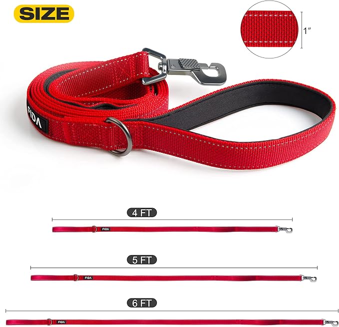 Fida 5 FT Heavy Duty Dog Leash with 2 Comfortable Padded Handles, Traffic Handle & Advanced Easy Snap Hook, Reflective Walking Lead for Large, Medium & Small Breed Dogs, Red