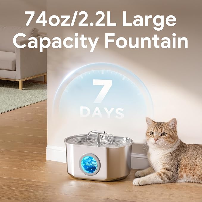 Cat Water Fountain Stainless Steel - 2.2L/74oz Cat Drinking Fountain | Pet Water Fountain for Cats Inside - Ultra Quiet Pet Watering Dispenser - for Small Animals (4 Filters)