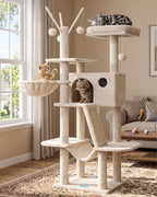 Hey-brother Cat Tree Tower with Padded Platform Bed, Hammock, MPJ019-SM | 53 Inches Cat House with Large Cozy Condo, Toy Balls and Sisal Scratching Posts for Indoor Multi-Cats, Beige