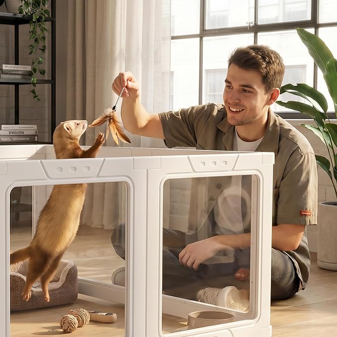 JEKO&JEKO Clear Acrylic Dog Playpen Indoor, Transparent Pet Play Pen for Puppies, Small Dogs, Cats & Rabbits, Easy Assemble Plastic Dog Fence, Easy to Clean (White, 10 Panels)