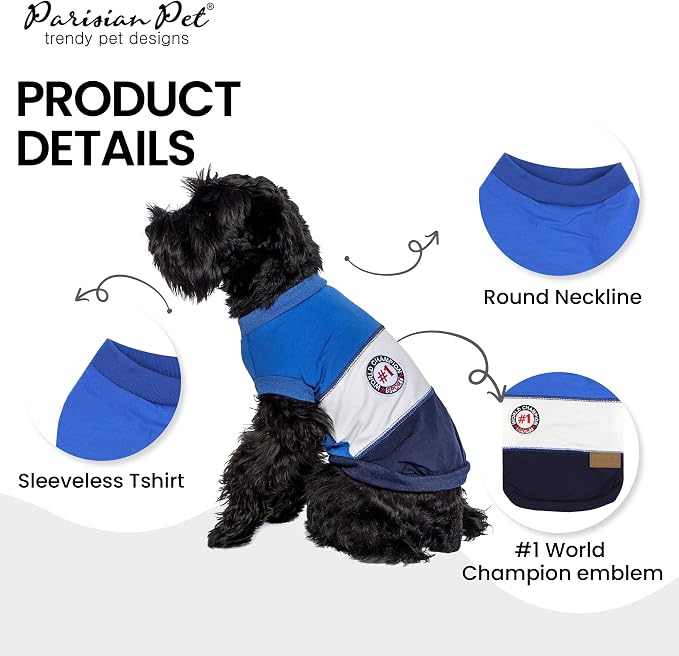 Parisian Pet World Champion Dog Tank Top - Breathable Cotton Pet Apparel - Blue Puppy Clothes - Lightweight Doggie T Shirts for Dogs - Comfortable Sporty Dog Clothes - Summer Shirts for Large Dogs