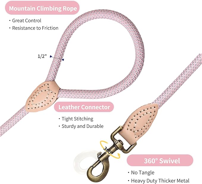 Mile High Life Dog Leash with Genuine Leather Connection, Reflective | Rope Leash, Heavy Duty 360° Swivel Metal Clasp, for Small Medium & Large Dogs Walking (Pink, 60 Inch-1/2)