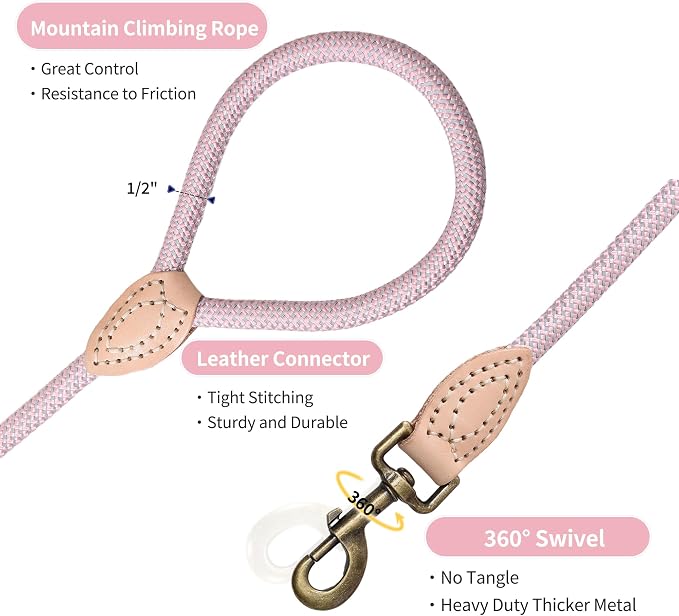 Mile High Life Dog Leash with Genuine Leather Connection, Reflective | Rope Leash, Heavy Duty 360° Swivel Metal Clasp, for Small Medium & Large Dogs Walking (Pink, 48 Inch-1/2)