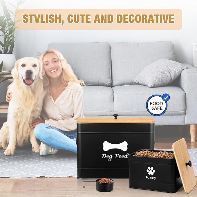 2Pcs Extra Large Metal Dog Food Containers Airtight 12 & 3.5 Lbs Dog Treat Snack Jars Set of 2 with Bamboo Lids and Spoons Farmhouse Big Pet Cookie Storage Jars for Kitchen Counter Gift(Black)