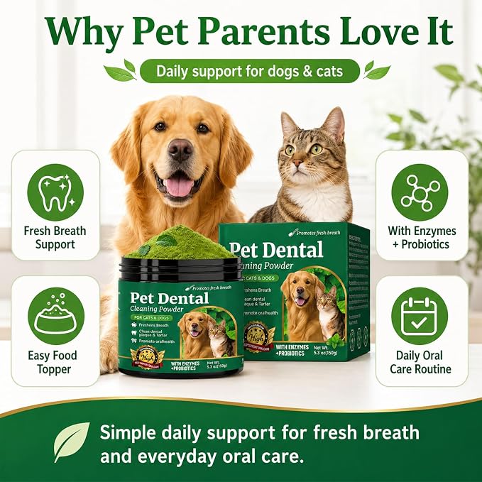 Dog Teeth Cleaning Powder – Dog Breath Freshener & Dental Care Powder – Helps Support Clean Teeth, Fresh Breath & Healthy Gums – No Brush Plaque & Tartar Support for Dogs & Cats, 150g