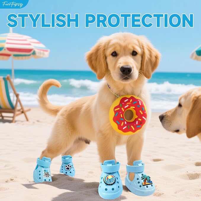 Dog Shoes,Non-Slip Waterproof Sandals for Hot Pavement, Breathable Perforated Boots,Adjustable Straps Dog Rain Booties for Summer Beach and Rainy Day(Blue,#6)