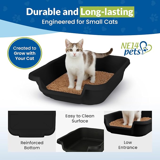 KittyGohere Senior Cat Litter Box Small with Scoop, Black | Open Top Low Entrance Kitty Litter Box With With Long-handle Jumbo Scoop, Lightweight & Durable Litters Box, Made in USA