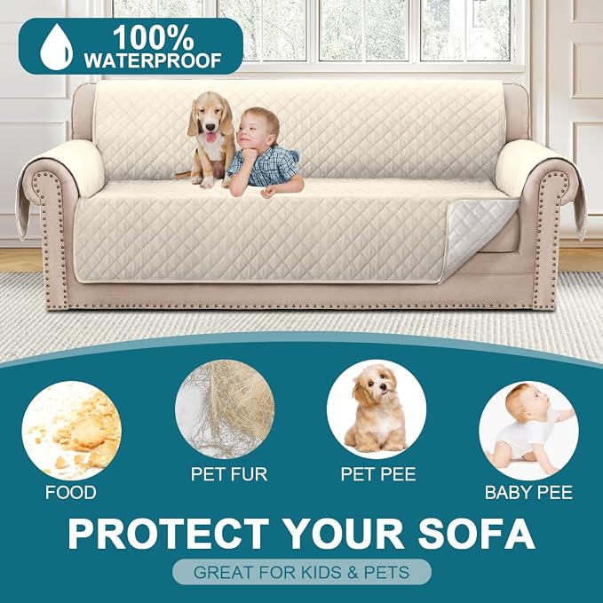 Turquoize 100% Waterproof Sofa Covers Couch Cover Sofa Cover for Dogs Couch Protector Triple Non-Slip Sofa Slipcover for 3 Cushion Couch Furniture Protector for Pets, Kids,Dog (XL Sofa 78", Ivory)